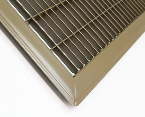 Super Sturdy Walkable Floor Vent Grille Built Tough From Reinforced Steel To Handle Heavy Foot Traffic Fits 12 By 30 Inch Duct Openings With Easy Drop In Setup Brown Fixed Blade Design, corner view