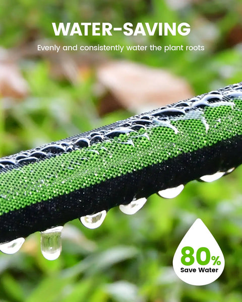 Close-up of Flat Soaker Hose 100Ft For Garden Watering With Leakproof Anodized Aluminum Ends, water droplets indicating 80% water savings