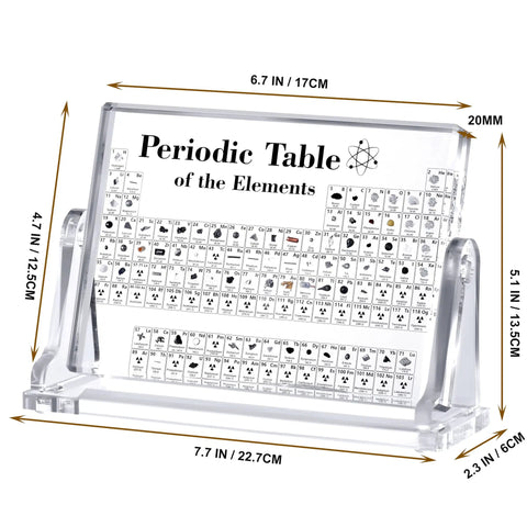 Cool Clear Acrylic Periodic Table With Real Elements Inside Size 6.7 By 4.7 Inches Ultimate Educational STEM Gift For Kids Students And Science Teachers The Perfect Valentines Day Gift For Science Lovers Classroom Decor freestanding on base.