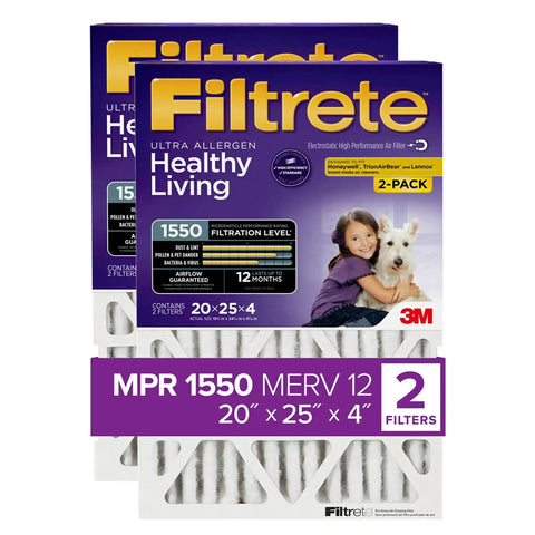 SlimFit 20x25x4 Air Filter For Your Furnace And AC MPR 1550 DP Healthy Living Ultra Allergen Deep Pleat 2-Pack box