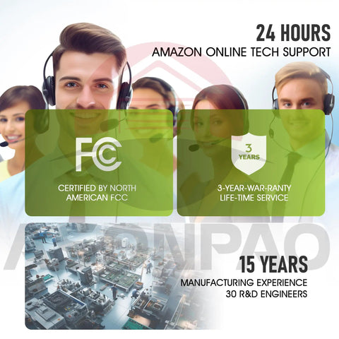 Customer support with headset, FCC certified logo, 3-year warranty, and manufacturing details