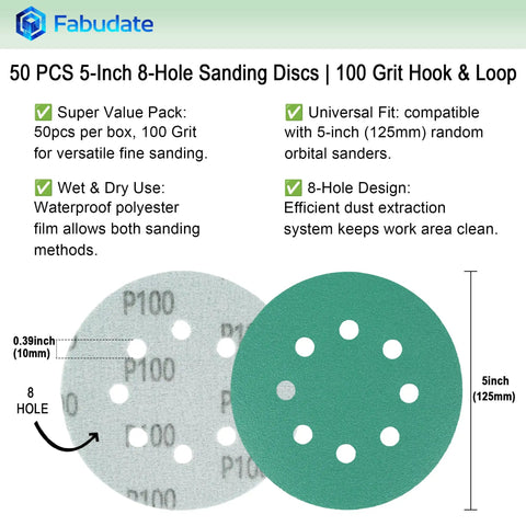 Get The Heavy Duty 5 Inch 8 Hole 150 Grit Hook Loop Sanding Discs Wet Dry For Random Orbital Sanders, showing two sanding discs.