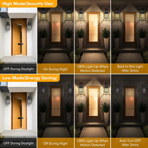 2 Pack Motion Sensor Outdoor Lights With Dusk To Dawn Sensor And Wall Mount Exterior Black Lantern Sconces usage modes