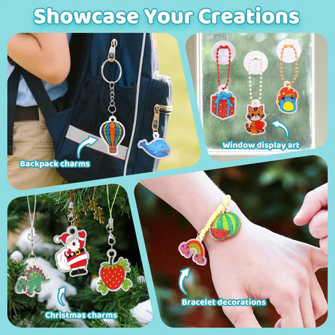 Shrink Art Sheets Kit For Kids With 75 Pre Cut Designs For Instant Fun Easy Coloring And Keychain Making Craft Set No Cutting Needed Diy Craft Project For Boys And Girls Creative Gift Idea on backpack charms, window display art, bracelet decorations, Christmas charms