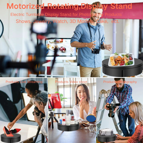JAYEGT Motorized Rotating Display Stand With Remote Control And 5 Color Backgrounds, Electric Turntable showcasing diverse products.