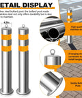 Built Ridiculously Tough Stainless Steel Bollard Posts 31.5 Inch With Anchor Bolts For Driveway Parking Lot Protection Safety Barrier Blocks Featuring Reflective Strips And No Sweat Setup Set Of Four showcasing stainless steel posts with reflective bands.