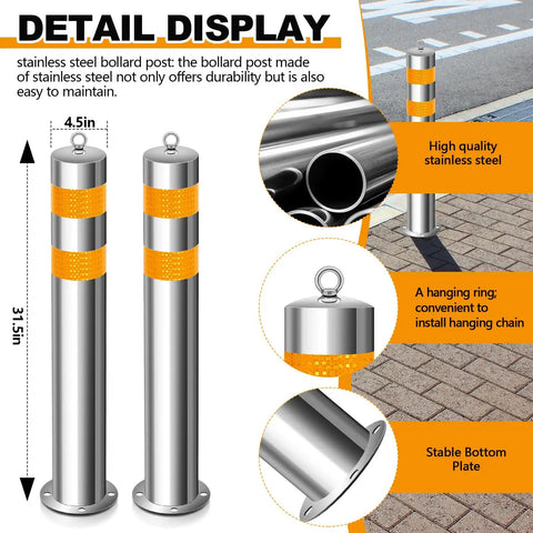 Built Ridiculously Tough Stainless Steel Bollard Posts 31.5 Inch With Anchor Bolts For Driveway Parking Lot Protection Safety Barrier Blocks Featuring Reflective Strips And No Sweat Setup Set Of Four showcasing stainless steel posts with reflective bands.