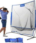 Man practicing swing with 7x7 Foot Golf Practice Net For Indoor Garage Or Outdoor Backyard Driving Heavy Duty Mesh Netting setup