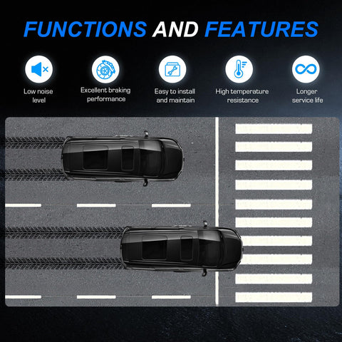 Banner graphic for automotive parts showing two black SUVs on a road with crosswalk lines and feature icons.
