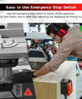 Person using a table saw with 110V To 120V Single Phase On Off Paddle Switch With Built Tough Extension Cord And Receptacle, safe quick shutoff.