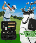 Golfer swinging with All In One Golf Accessories Kit with Towel Club Brush Groove Cleaner Golf Balls Tees Score Counter Ball Line Marker