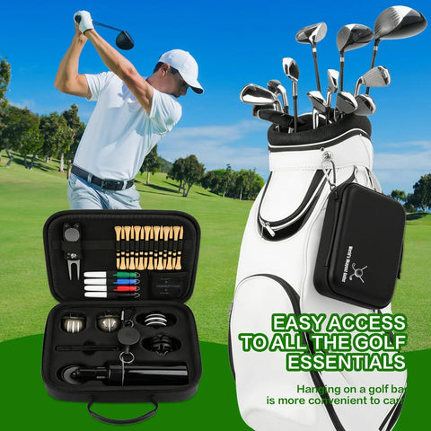Golfer swinging with All In One Golf Accessories Kit with Towel Club Brush Groove Cleaner Golf Balls Tees Score Counter Ball Line Marker