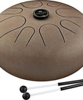 Super Responsive 16 Inch Steel Tongue Drum With Eight Soothing Notes Comes With Pro Grip Mallets And Carry Bag in bronze color.