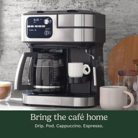 Front view of Barista Bar 4-In-1 Coffee Maker With Single Serve Pods And Three Brewing Sizes, 12-Cup Carafe Option, in black.