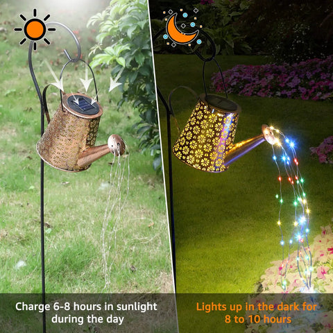 Solar Outdoor Garden Lantern Lights With 80 Color LED, bronze watering can lantern charging by day, glowing at night
