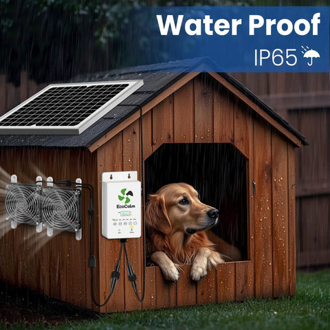 Solar Exhaust Fan For Chicken Coop With Battery And Adjustable Thermostat on dog house in rain