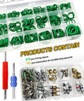 Top view of NOTISH car A/C repair kit with green O-rings in a clear organizer; 270 O-rings and 102 valve cores