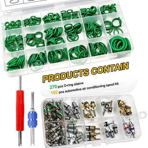 Top view of NOTISH car A/C repair kit with green O-rings in a clear organizer; 270 O-rings and 102 valve cores