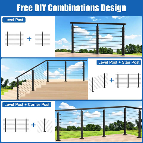 Level Up Your Home Game With This Solid 15 To 20 Ft Cable Railing Post Kit Including Four Adjustable Top Drilled Posts A Full Swageless Bundle And T316 Stainless Steel Wire Rope To Snap Together Quick For Your Porch Or Patio Area.