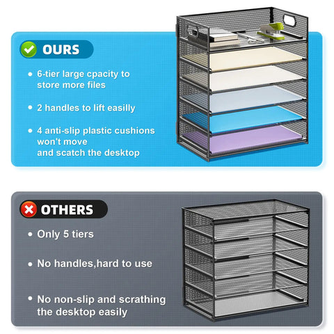 Six Tier Mesh Desk File Tray With Heavy Duty Handle For Office Letter Sorting A4 Paper And Filing Folders showing six tier design.