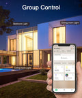 Hand holding smartphone controlling Smart E26 A19 LED Light Bulbs 2700K Warm White, 800 Lumens, smart home lighting outside