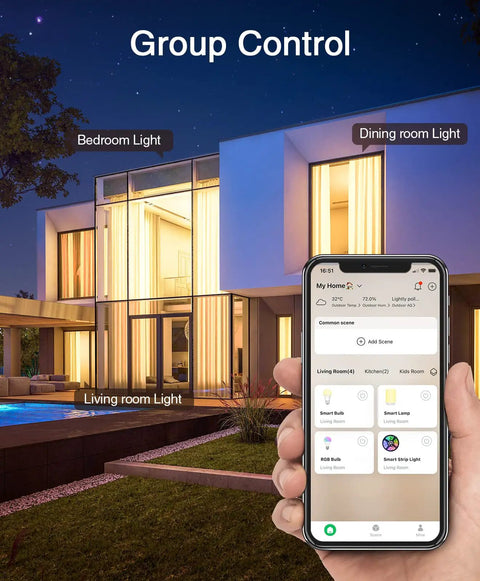 Hand holding smartphone controlling Smart E26 A19 LED Light Bulbs 2700K Warm White, 800 Lumens, smart home lighting outside