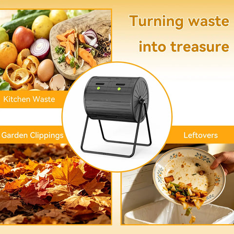Dual Chamber Compost Bin Tumbler For Outdoors 37.5 Gallon with garden and kitchen waste illustration
