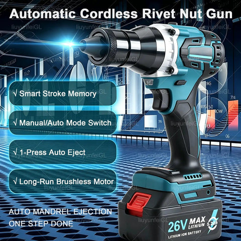 Ultimate 26V Cordless Rivet Nut Gun Kit With 7 Swappable Heads For M3 To M12 Fastening Plus Dual Batteries And Smart Features For pros, side view