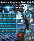 Top Notch 26V Cordless Rivet Nut Gun Kit With M3-M12 Heads, Two 5200mAh Batteries, Fast Charger, And Tough Case For Serious Home Projects And Auto Work. blue cordless rivet nut gun with battery and auto eject