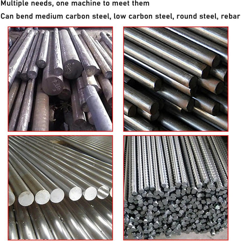 Heavy Duty Electric Hydraulic Tube Bender For Rebar And Steel Pipe 25Mm Max Capacity Fast Bending Up To Ninety Degrees image showing various steel rods suitable for bending.