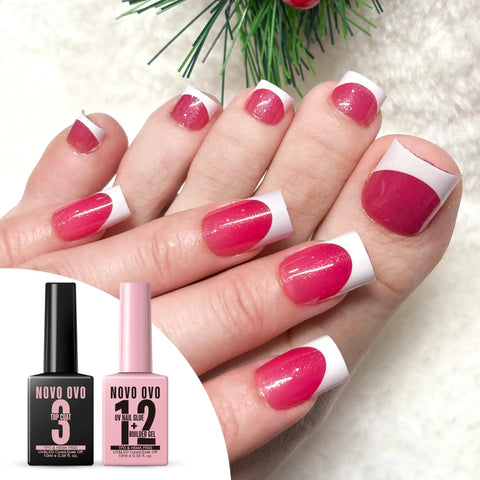 2 In 1 UV Nail Glue And Builder Gel For Tips And Acrylics, No Wipe Top Coat Kit with pink nails and bottle image