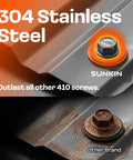Close-up of Self Tapping Screws For Metal Size Twelve By One Eighth Inch In 304 Stainless Steel Rustproof against rusty alternative.