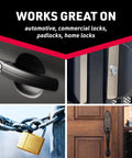 Lock Dry Lube 2.5 Oz Spray for stuck locks works on automotive, commercial locks, padlocks, and home locks shown.