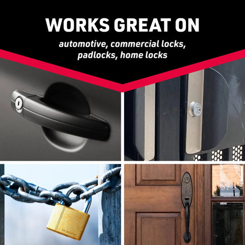 Lock Dry Lube 2.5 Oz Spray for stuck locks works on automotive, commercial locks, padlocks, and home locks shown.