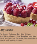 Close-up of a tart with raspberries, next to a Perforated Round Tart Ring 11.25 Inch Diameter 0.8 Inch Height For Golden Crispy Tart Shells.