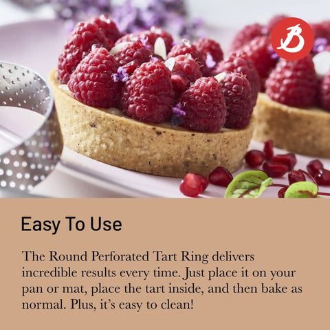 Close-up of a tart with raspberries, next to a Perforated Round Tart Ring 11.25 Inch Diameter 0.8 Inch Height For Golden Crispy Tart Shells.
