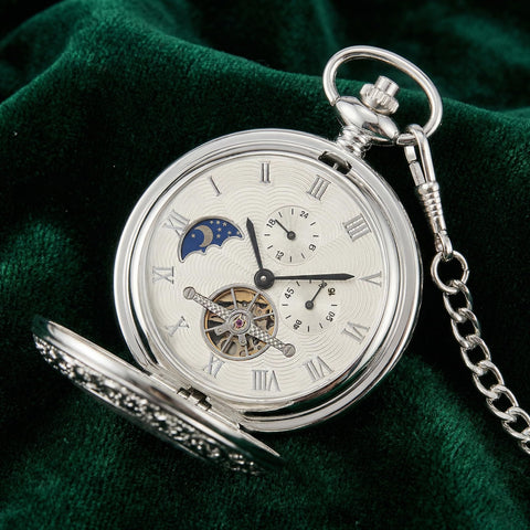 Vintage Mechanical Pocket Watch With Double Sided Floral Engraving Case Hunter Skeleton Design Old School Antique Silver Hand Winding Watch With 25cm Chain Gift Box For Men
