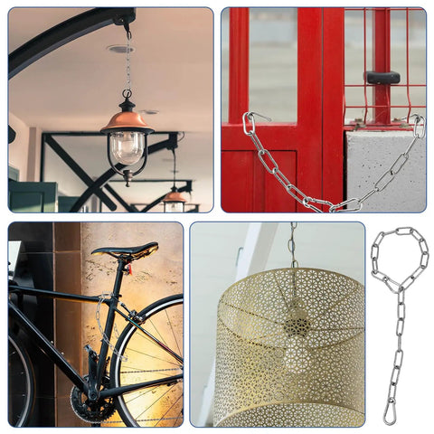 Stainless Steel Gate Chain Lock 20 Inch Heavy Duty Outdoor Fence Security with Two Spring Hooks visible securing outdoor items.