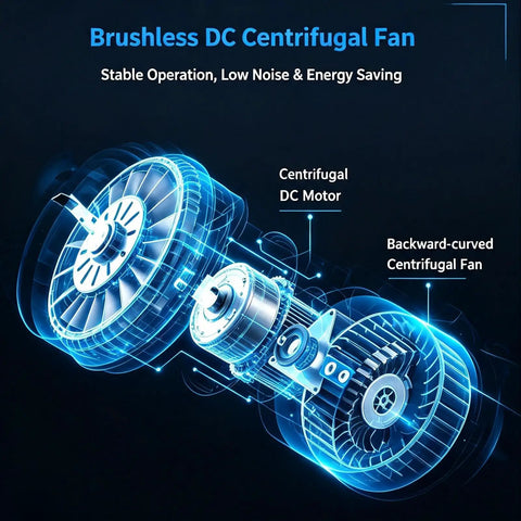 Brushless DC Centrifugal Fan with energy-saving features, showcasing components for Heavy Lift Dual Station Solder Fume Extractor.
