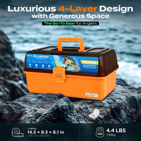Massive 4-Layer Tackle Box Kit With 547-Piece Fishing Lures Set on a rocky surface near water