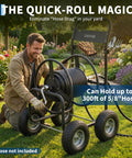 Person using Grab And Go Mobile Garden Hose Reel Cart With Wheels Holds Up To 300 Feet Of Five Eighth Inch Hose in a garden.