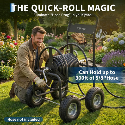 Person using Grab And Go Mobile Garden Hose Reel Cart With Wheels Holds Up To 300 Feet Of Five Eighth Inch Hose in a garden.