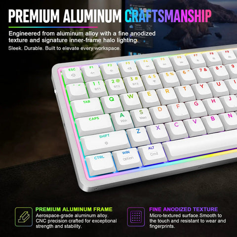 Low-Profile 75 Mechanical Keyboard With Aluminum Frame And Hot-Swappable Switches Features shine-through PBT keycaps and rainbow RGB lighting.