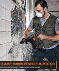 Worker using Heavy Duty SDS Plus Rotary Hammer Drill 1-1/4 Inch, 12.5 Amp, 4350 BPM, 900 RPM, demolishing tile wall