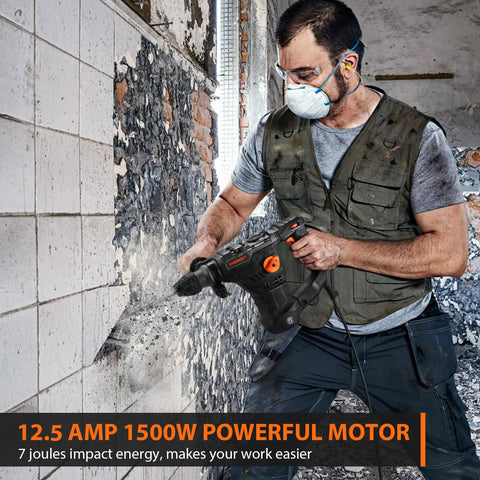 Worker using Heavy Duty SDS Plus Rotary Hammer Drill 1-1/4 Inch, 12.5 Amp, 4350 BPM, 900 RPM, demolishing tile wall