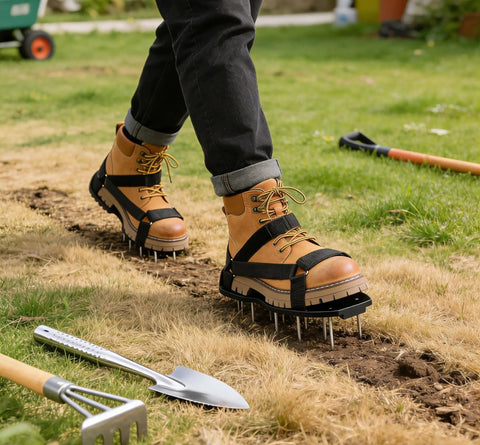 Person wearing Universal Fit Lawn Aerator Shoes With Two Inch Spikes And Adjustable Straps on grass, shovel in foreground.