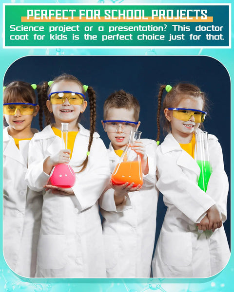 Children wearing 12 Pack Unisex Kids Lab Coats White Doctor Scrubs Size M Bulk Soft Kids Scientist Costume For Boys And Girls.