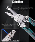 18 In 1 Foldable Wire Stripper Kit With Crimping Pliers Cutter Twister And Splitting Tool showing stripping and crimping details