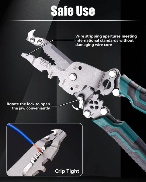 18 In 1 Foldable Wire Stripper Kit With Crimping Pliers Cutter Twister And Splitting Tool showing stripping and crimping details