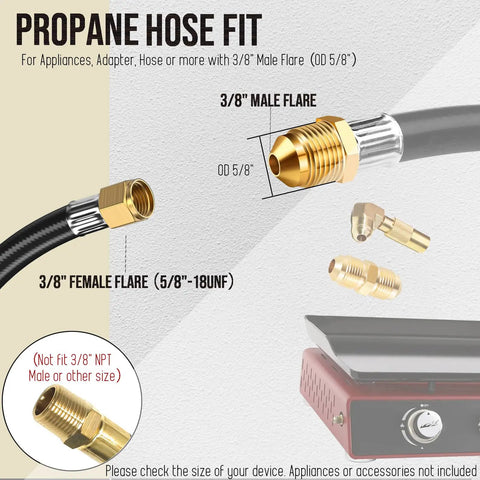 8 Ft Propane Hose With Regulator And Gauge Universal Gas Grill Connector For Blackstone 28 In And 36 In Griddles Weber Nexgrill Heaters And Fire Pits Three Eighths Inch Female Flare showing male and female flare fittings.